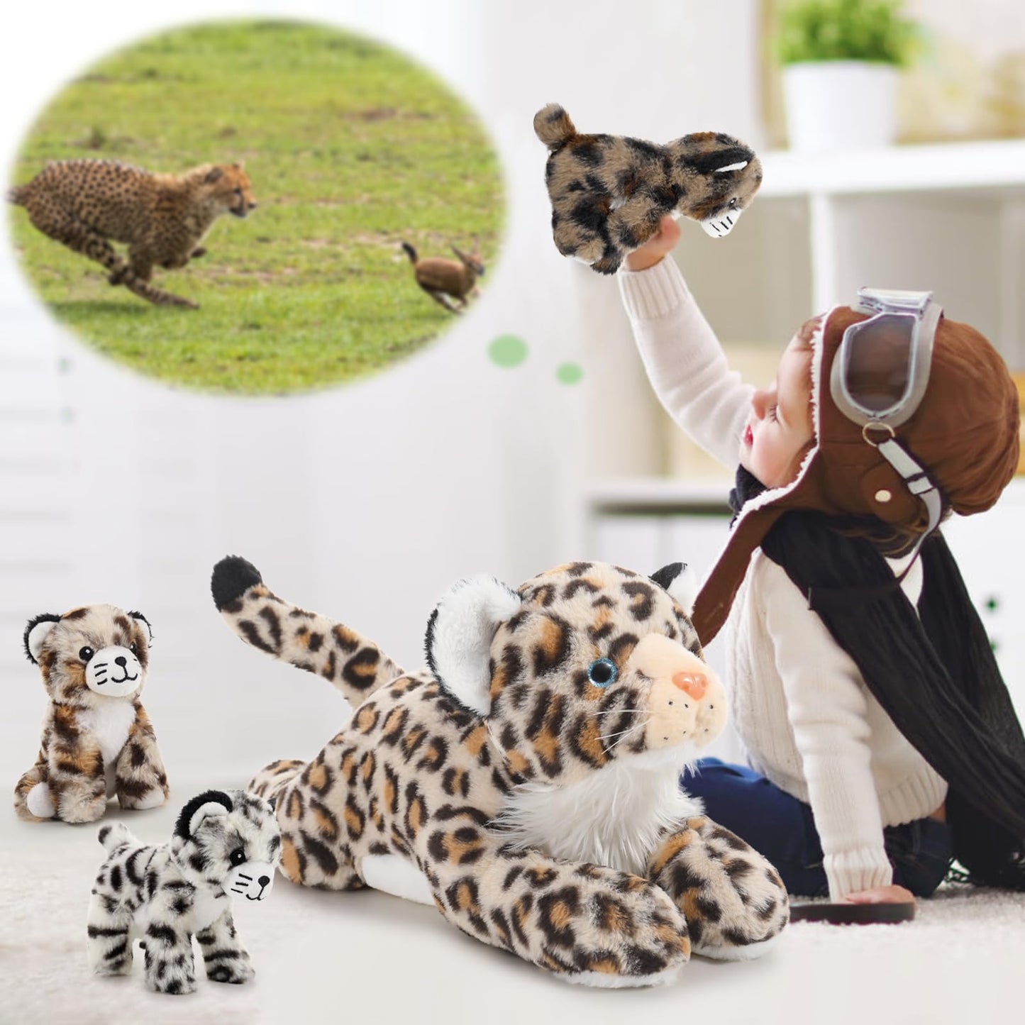 MorisMos 45cm Giant Leopard Stuffed Animal XXL with 3 plush babies in the belly, large lying plush cheetah Leopard XXL, Fluffy plush toy leopard teddy gift for kids