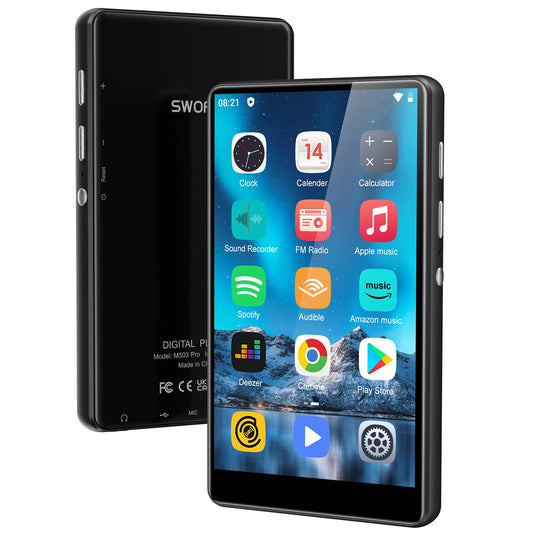 80GB MP3 player with Bluetooth and WiFi, SWOFY Hi-Fi 4.0 inch touchscreen MP3 MP4 player, portable stereo, Android MP3 player with Spotify, Amazon Music, FM radio, recorder, e-book, browser (black)