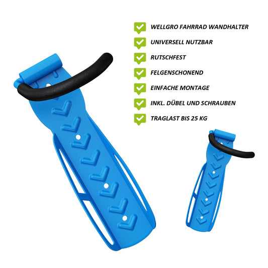 4 x WELLGRO Wall Bike Holder - Steel Bike Wall Mount - Bike Hooks - Bike Stand - Rack - Color selectable, Color: Blue