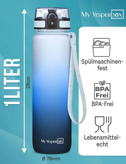 My Vesperbox 1L water bottle - leak-proof & BPA-free - for kids & adults - includes spare seal, cleaning brush, fruit infuser & optional straw - perfect for school, office, sports & leisure.