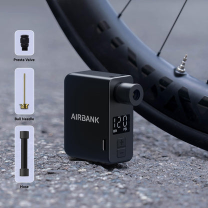 AIRBANK Electric Bike Pump Pocket PRO, 120PSI Mini Bike Inflator, cordless bike pump with rechargeable battery for Shrader and Presta valves.