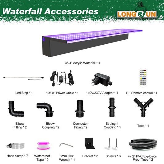 LONGRUN Waterfall Overflow APP Control Multicolor LED Light Outdoor Pool Fountain, Acrylic Water Overflow Koi Pond Waterfall Fountain Kit for Garden Patio Pool Decoration - 90 cm