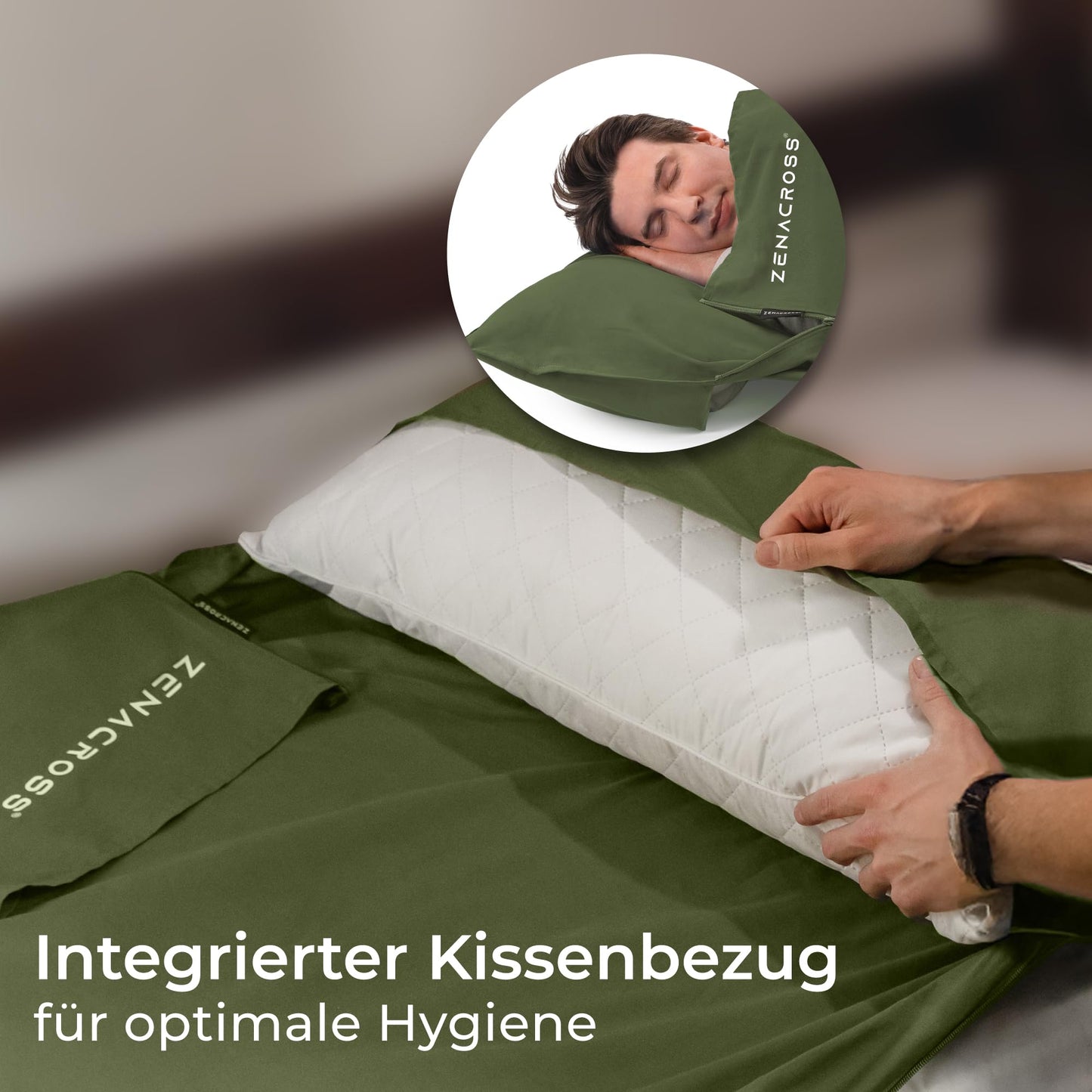 Zenacross - Cotton Sleeping Bag Liner - Ultralight Travel Sheet - Compact Sleeping Bag Liner with Pillow Pocket - Small & Lightweight - Khaki