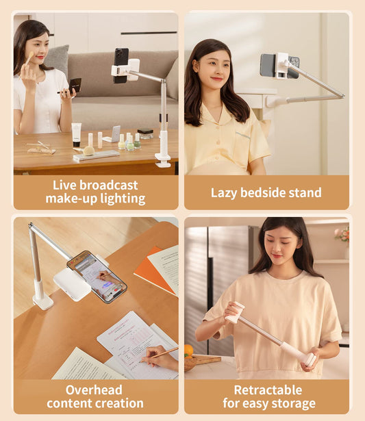 Yayusi overhead tripod phone with ring light, LED ring light with tripod phone, battery-operated dimmable 15 brightness LED tabletop ring light for unboxing video, live streaming, video recording (white)
