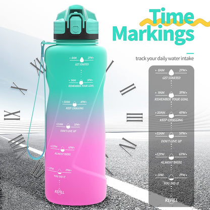 Coolfel sports water bottle with sizes of 2L, 1.5L, 1L, 700ml, and 500ml. Leak-proof, motivational water bottle with time markings. BPA-free Tritan bottle for girls, boys, school, gym.