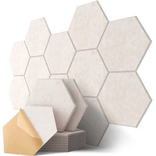 Hexagon acoustic panels, 12 pieces sound absorber for recording studio, living room, gaming decor, children's room, office, walls, ceilings, doors. Self-adhesive acoustic panels, 30 x 26 x 0.9cm, beige.