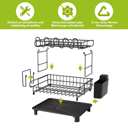 MAJALiS Dish Drying Rack, 2-Tier Dish Rack with Drip Tray, Stainless Steel Dish Rack with Utensil Holder, Rotating Spout, Black