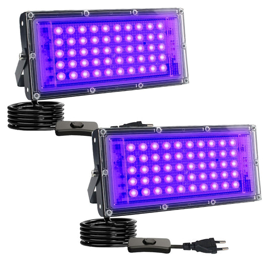 2x 50W LED blacklight projectors, UV floodlights with plug, waterproof IP65 blacklight lamp, fluorescent blacklight with switch, UV spotlight party light for bar, neon colors, party decoration