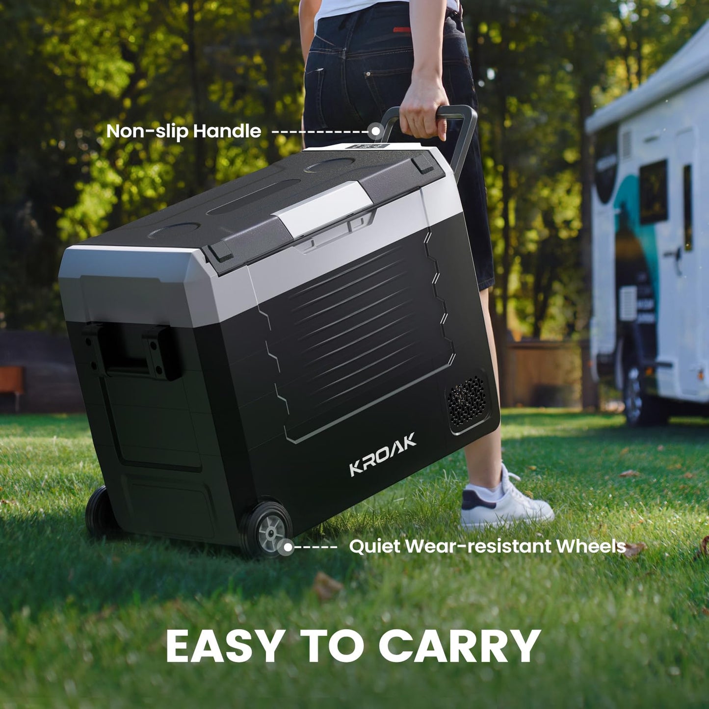 KROAK 55L Portable Compressor Cooler with Cutting Board, Electric Car Cooler Dual-Zone (-20°C to +20°C), 12V/24V/230V, Wheels & Divider - for Camping, Car, Truck, RV