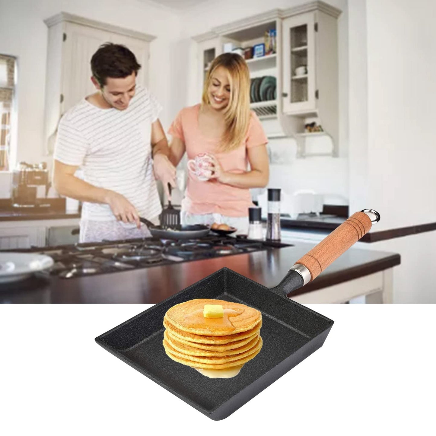Pokerty Tamagoyaki Pan, Mini Iron Omelette Pan with Anti-heat Wood Handle for Tamagoyaki Omelette Pancakes