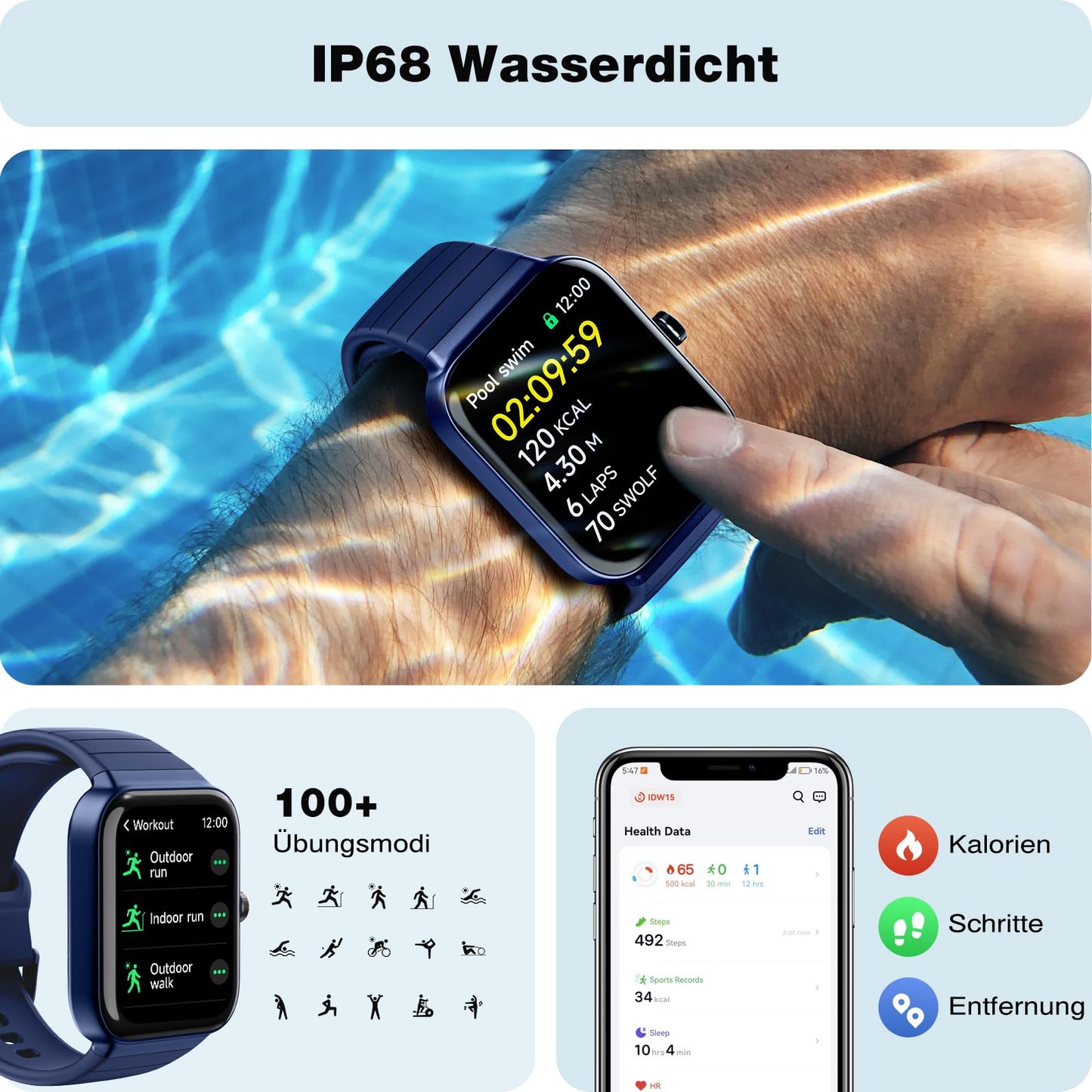 Smartwatch for men and women with phone function Alexa integrated - Fitness watch 100+ sports modes - Smartwatch 1.8 inches & IP68, pedometer watch for Android iOS with heart rate monitor SpO2 stress sleep monitor - blue