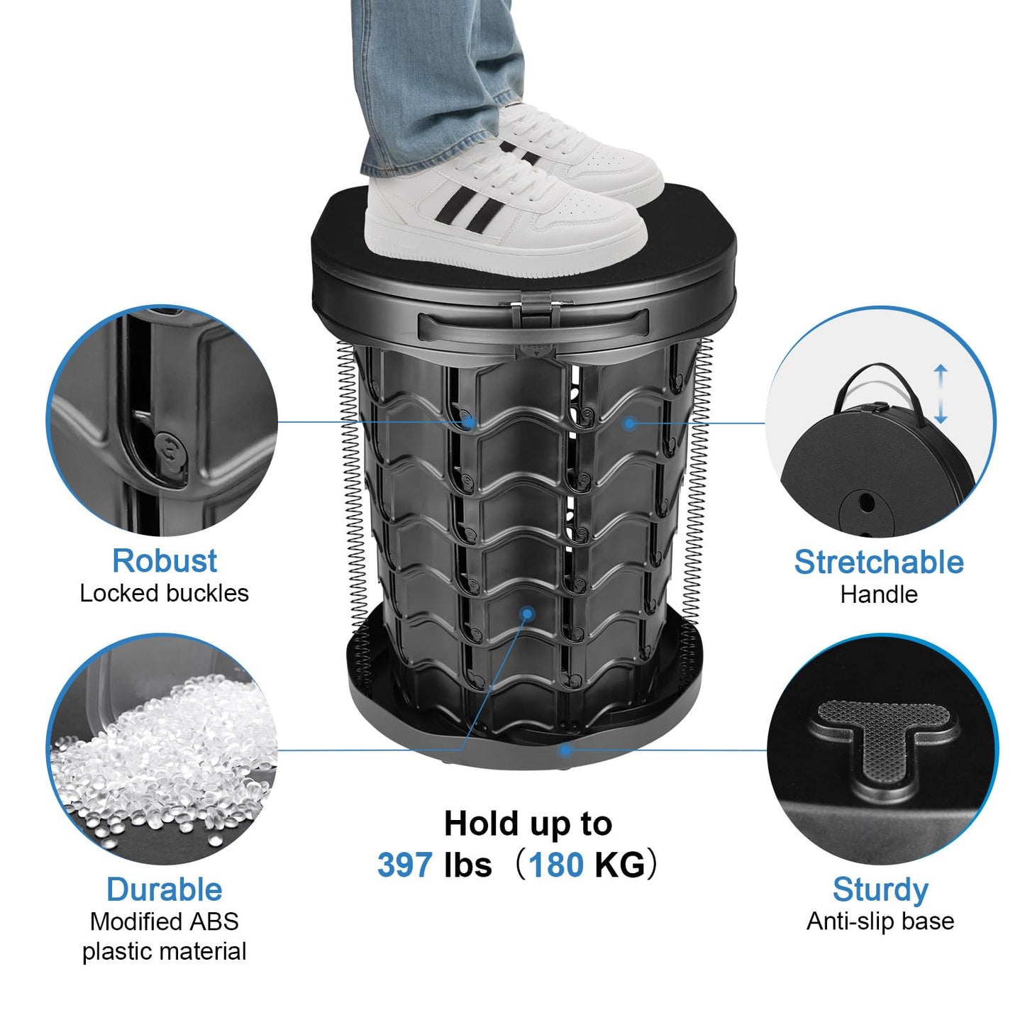 Upgraded camping toilet foldable with spring, includes lid and 10 trash bags. Ideal for camping, hiking, fishing, and parties. Supports up to 180kg.