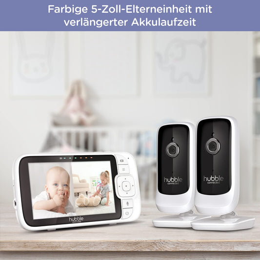 Hubble View Premium Twin 5" Baby Monitor with 2 cameras, pan tilt digital zoom, 2-way communication, night vision camera, split-screen view, 1000ft range, wireless monitoring cameras without Wi-Fi.