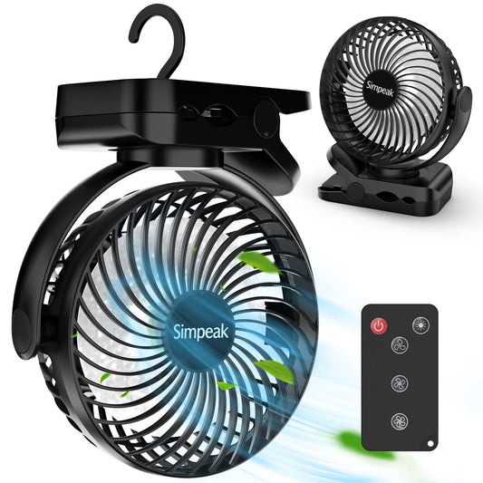 Simpeak 10000mAh Camping Fan Desk Fan, Mini USB Fan quiet, Clip Fan with Remote Control and LED Light [3 Speeds] [720° Rotation] - Black