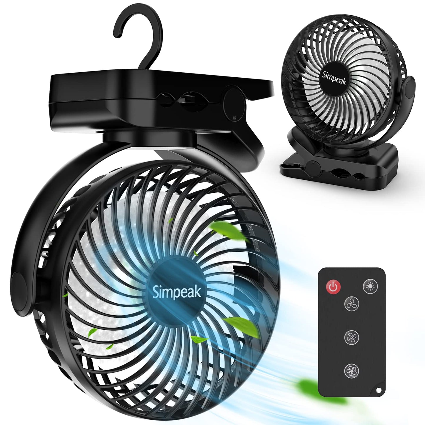 Simpeak 8000mAh Camping Fan Desk Fan, Mini USB Fan Quiet, Clip Fan with Remote Control and LED Light [3 Speed] [720° Rotation] - Black
