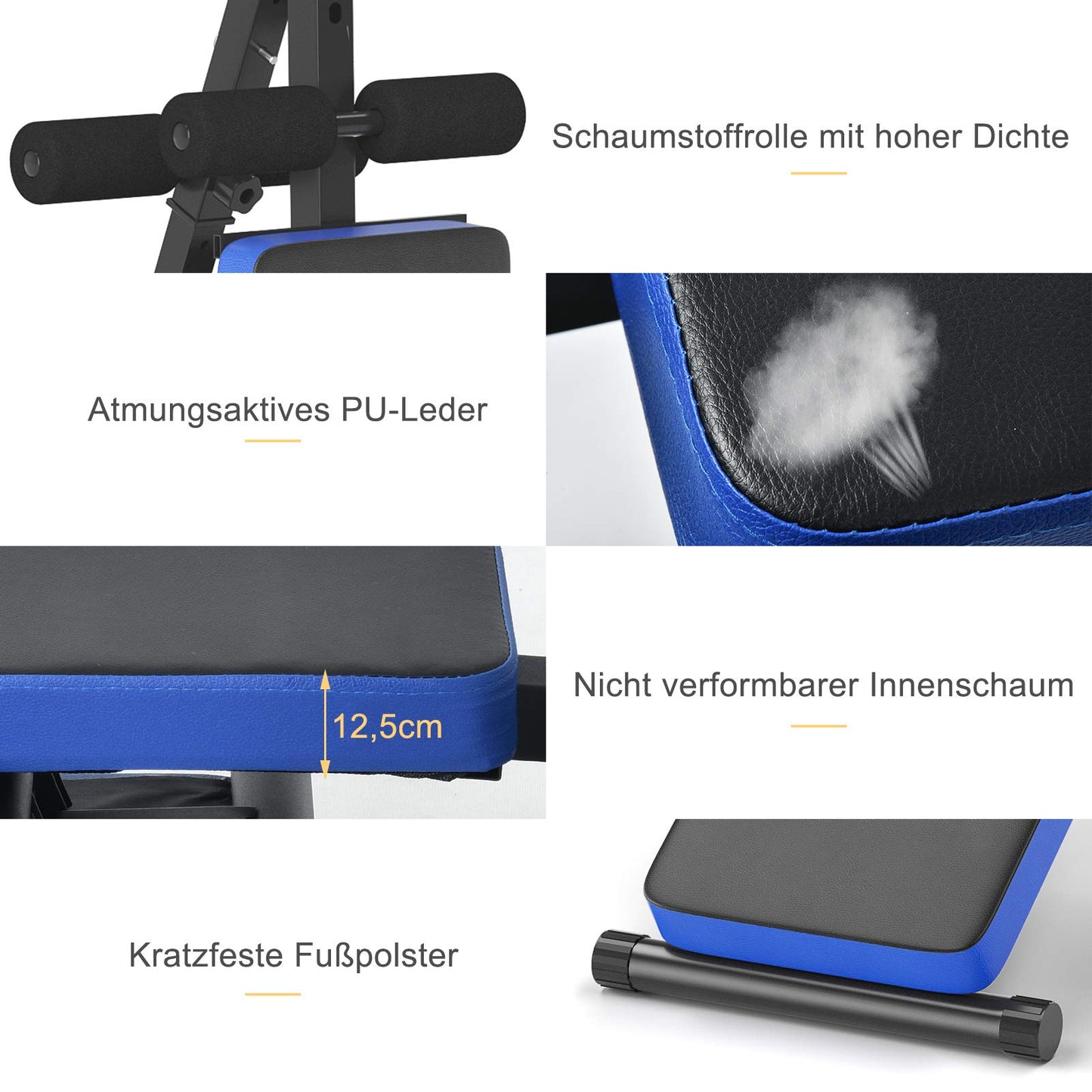 COSTWAY Folding Sit Up Bench, 5-level height adjustable training bench with monitor, incline bench, home trainer up to 150kg load capacity for sit-ups and leg lifts (Blue)