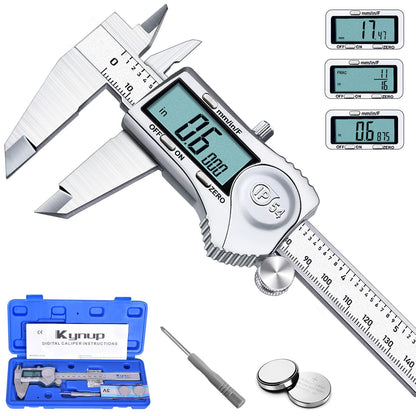 Kynup Digital Caliper, Measuring Tool 150mm Stainless Steel IP54 Waterproof Dustproof Protection Design, LCD Display for Household and Industrial Measurement Calibration