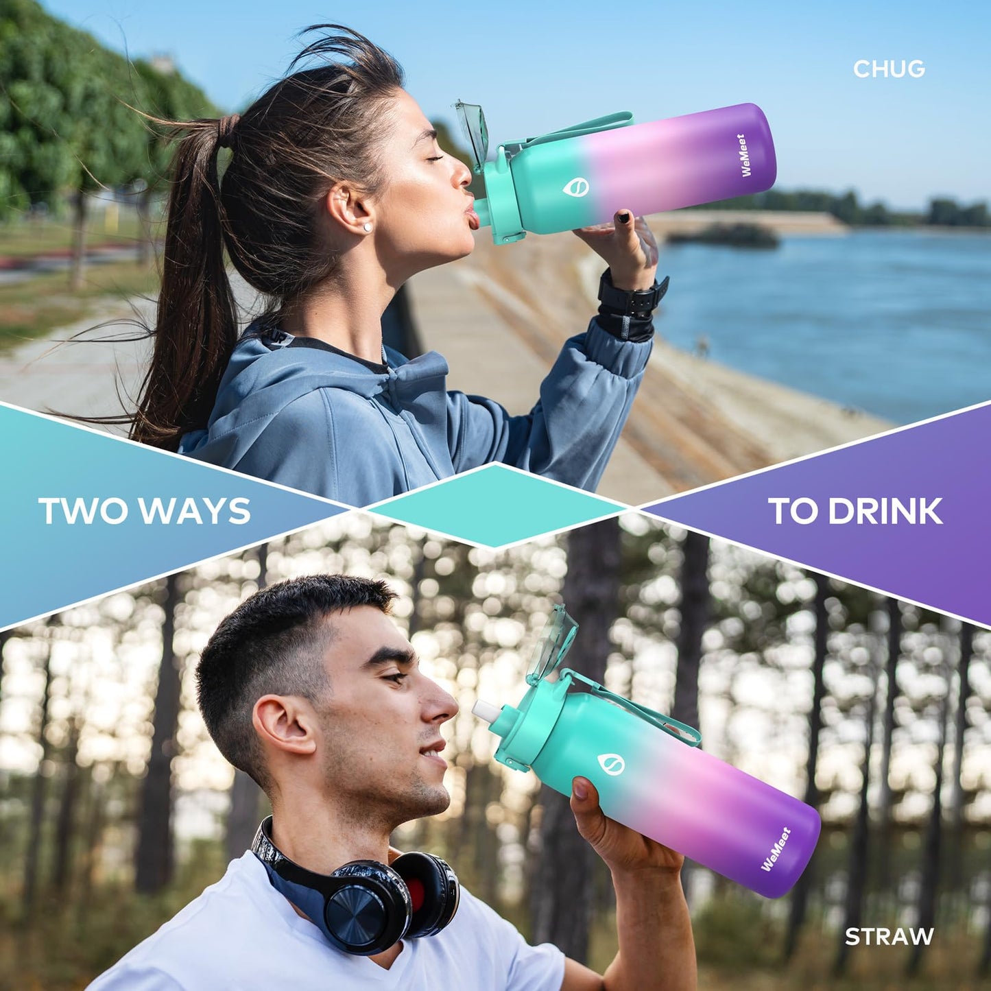WEMEET stainless steel water bottle 1 liter with removable straw, [18/10 stainless steel] water bottle with removable straps leak-proof double-walled Tritan lid for bike, outdoor, school, gym