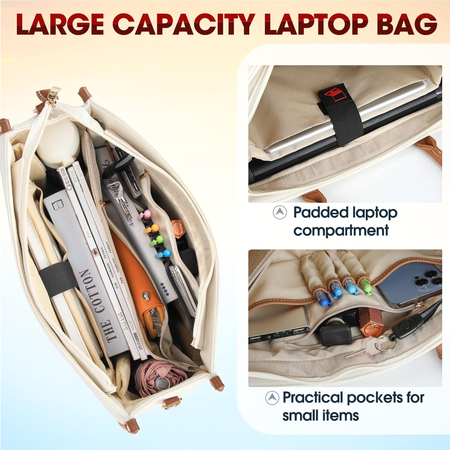 IGOLUMON handbag women canvas laptop bag 15.6 inch shopper women large laptop tote bag women work bag notebook bag office bag for office school travel, brown