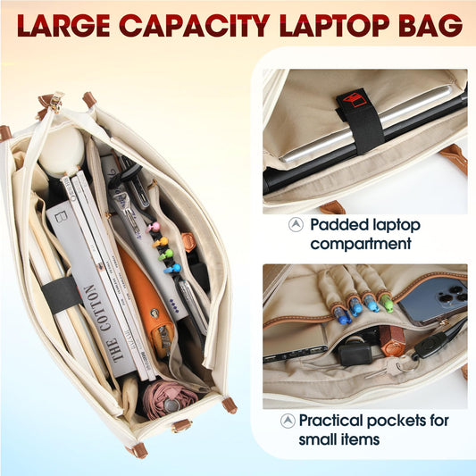 IGOLUMON handbag women canvas laptop bag 15.6 inch shopper women large laptop tote bag women work bag notebook bag office bag for office school travel, brown