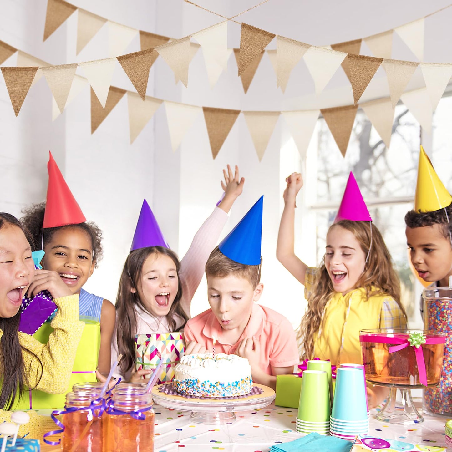 G2PLUS Outdoor Weatherproof Brown Beige Pennant Banner, 20M Indoor Party Pennant Garlands, 60 PCS Pennants Garden Pennant Banners, 5 Rustic Boho Pennant Garlands for Baby Shower, Wedding, Birthday.
