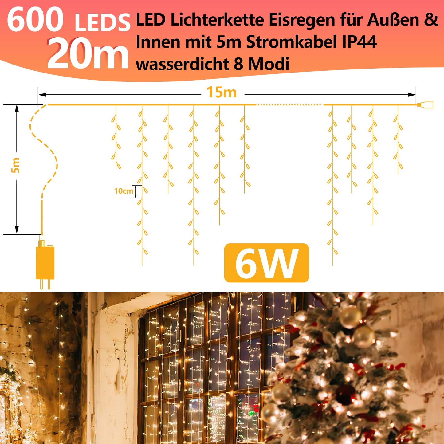 Cecaylie LED icicle lights outdoor 600LED 15m Christmas lights outdoor with 8 lighting modes IP44 string lights powered by electricity for indoor outdoor decor bedroom Christmas party (Warm White)