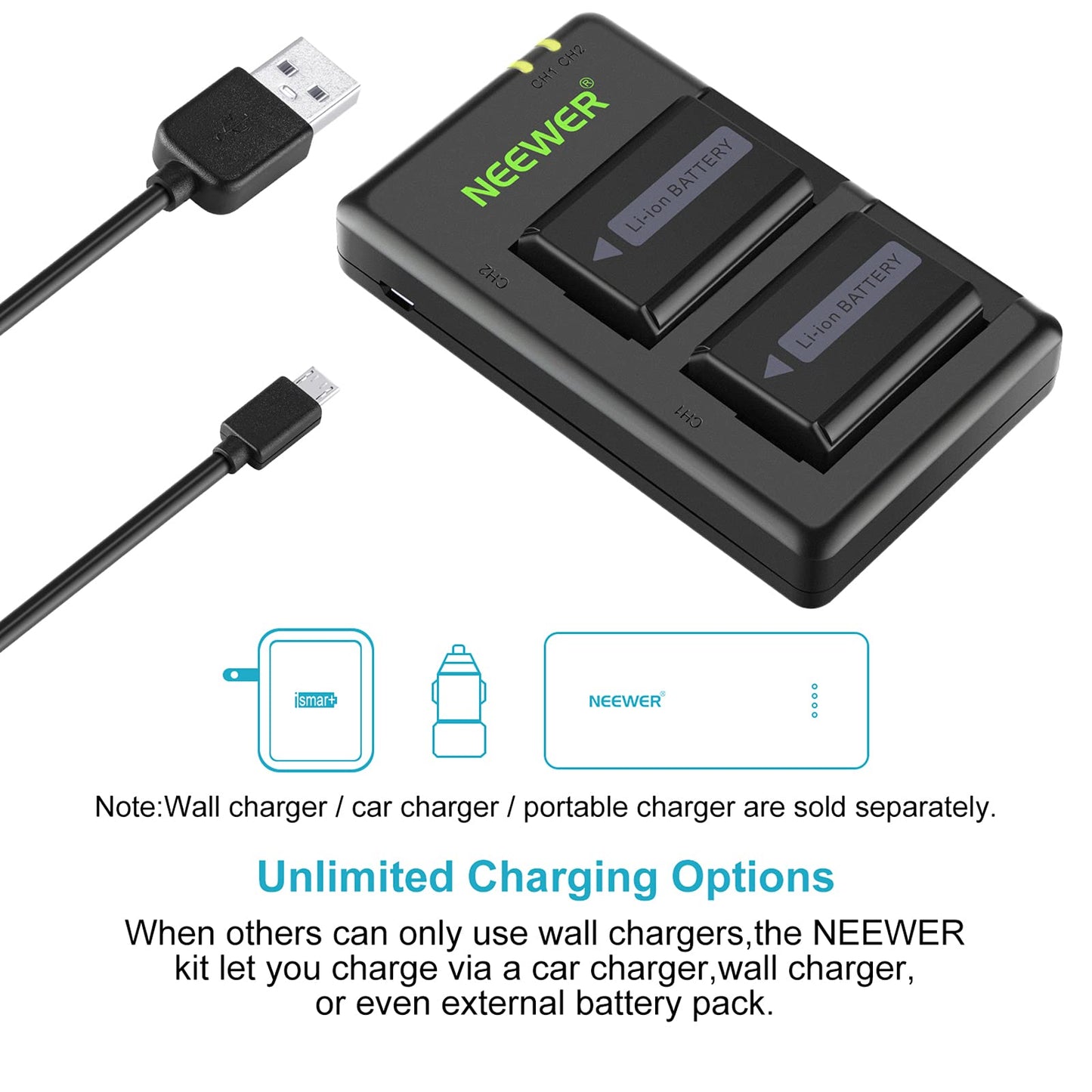 NEEWER NP-FW50 Camera Battery Charger Set Compatible with Sony ZV-E10, A7, A7R, A7RII, A7II, A7SII, A7S, a6300, a6400, a6500, RX10 Series (2-Pack, Micro USB Port, 1100mAh)