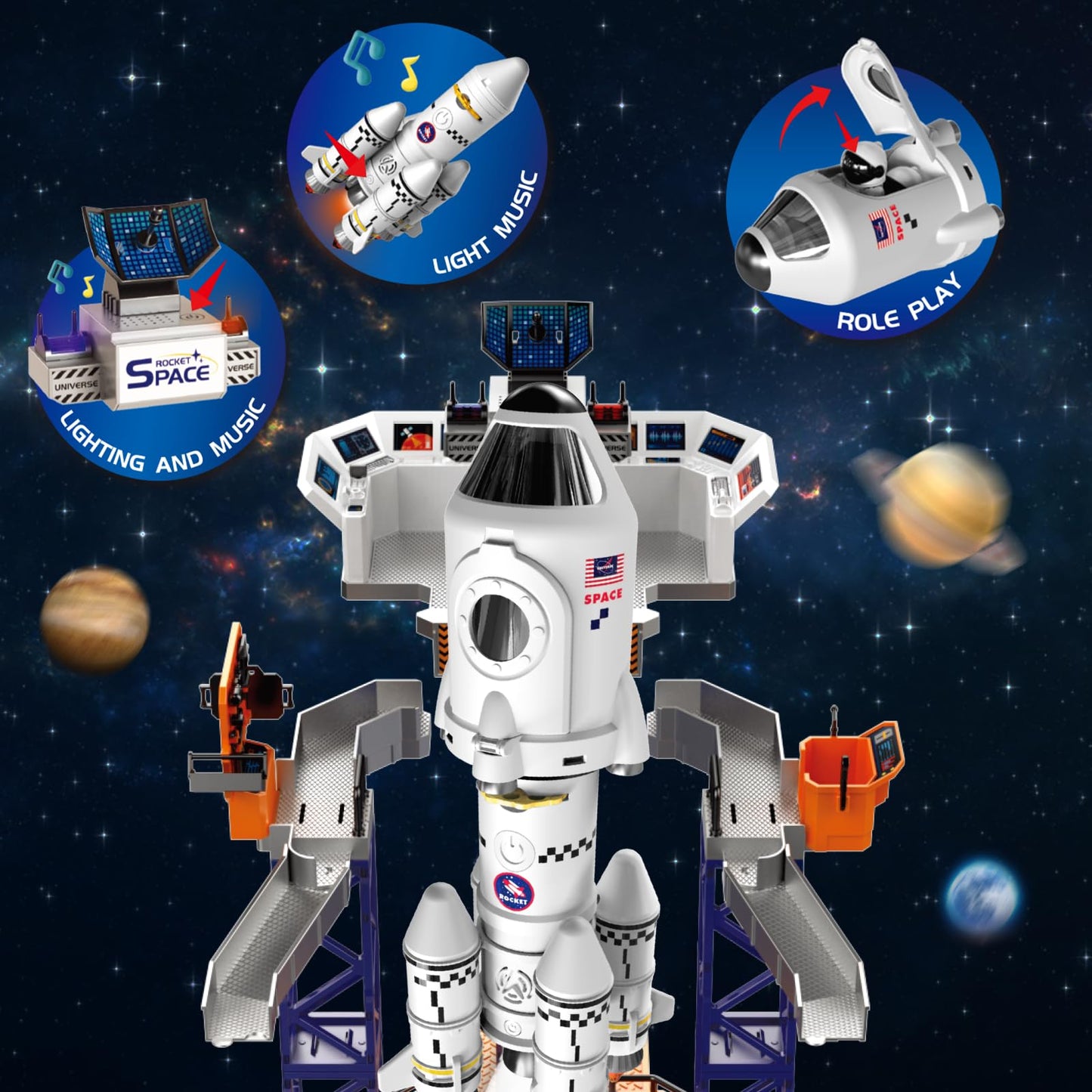 deAO Space Shuttle Rocket Toy with Light & Sound, Smoke Functions, 5 In1 STEM Science Learning Toy Projection Lamp Space Toy, with 4 Astronauts, Gift (Sky-1)