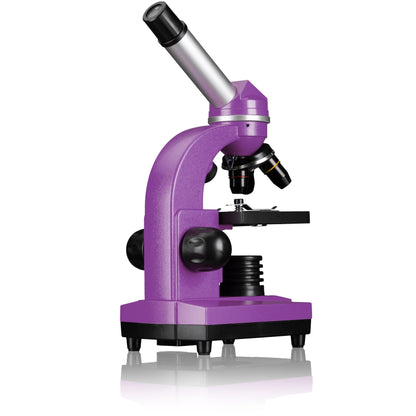 Bresser Junior Student Microscope BIOLUX SEL with smartphone holder, extensive accessories, and Barlow zoom system for children, beginners, and adults, violet.