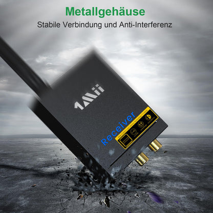 1Mii 3-in-1 Audio Transmitter Receiver, Wireless Transmitter and 2 Receivers, 2.4G Low Delay, 100m Long Range from TV/PC to Active Speaker/Subwoofer/Stereo, RCA Output/Input.