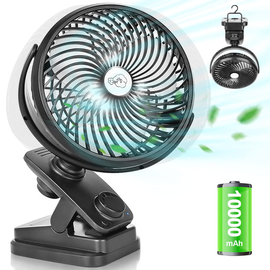 Oscillation table fan 10000mAh Mini USB fan Stepless speed, Quiet clip fan with LED light, Portable hanging hook camping clip fans 100 hours rechargeable, Ø 18 cm