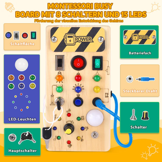 Hello Montessori Busy Board 1 year old Kids Activity Board Wooden Toy with 8 LED Light Switch Toy Sensory Learning Toys Suitable for 1 2 3 4 year old Babies