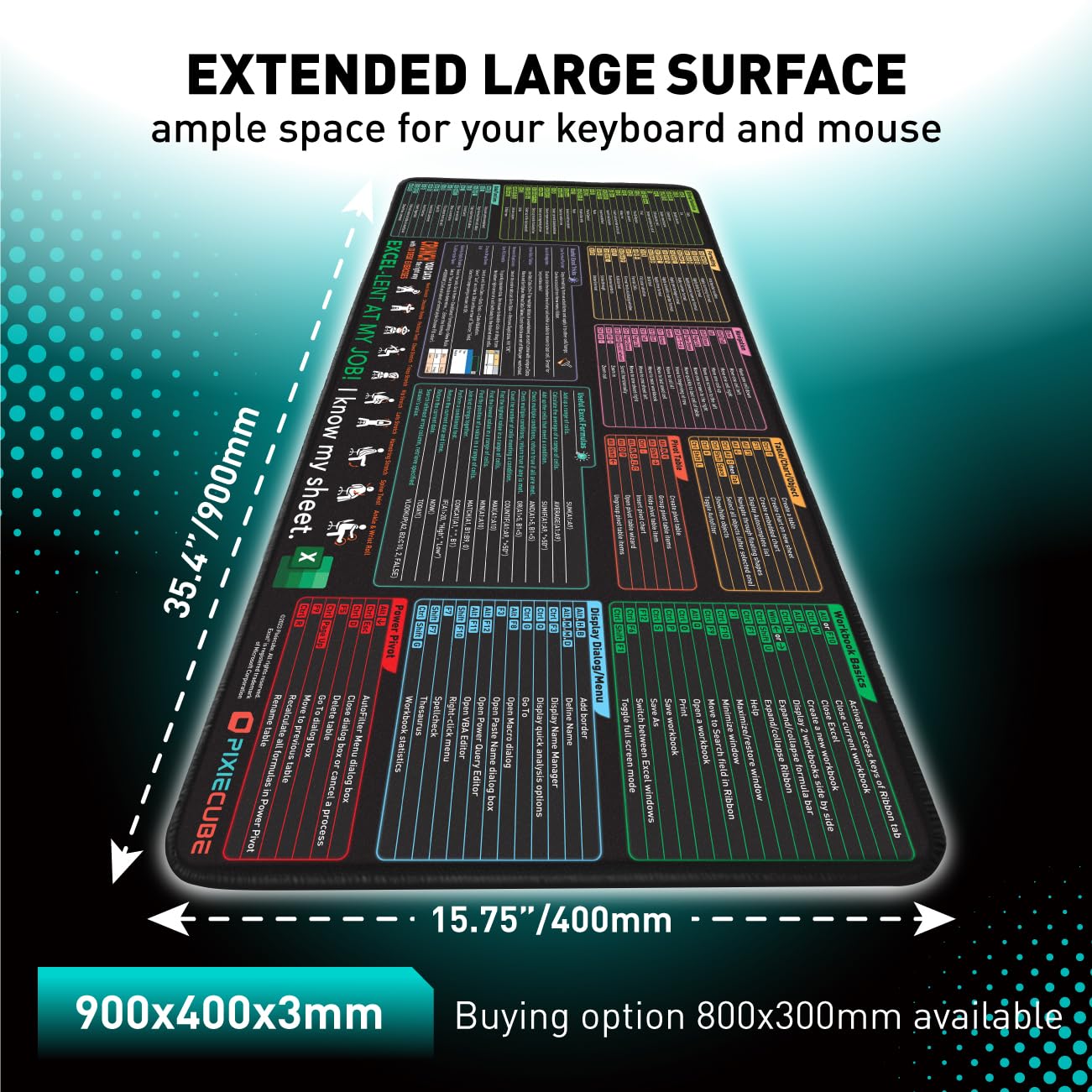 Pixiecube Excel shortcut keys mousepad, extended large XXL cheat sheet, gaming mousepad, PC office spreadsheet, keyboard mat, non-slip stitched edges.