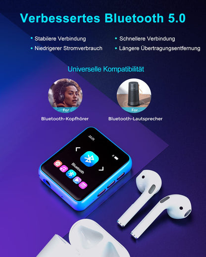 32GB MP3 Player Bluetooth 5.0 with Full Touchscreen, Lossless HiFi Music Player with Metal Casing, with FM Radio, Speaker, Line-in Recording, Support up to 128GB