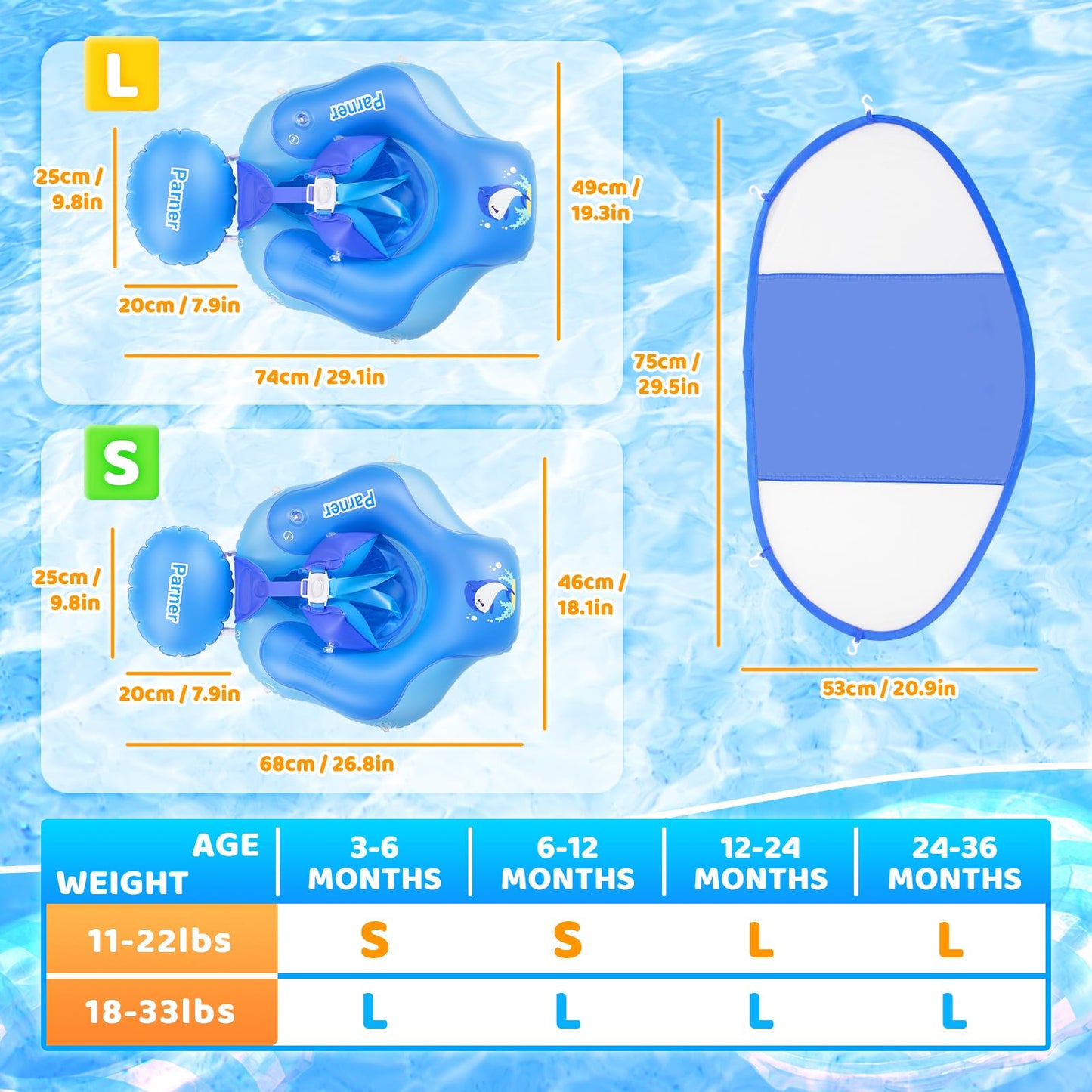 Partner Baby Swim Ring with UPF50+ Sun Canopy, Baby Swim Aid for the Pool, Adjustable Safety Seat, Toddler Pool Swim Ring for 3-36 Months - L