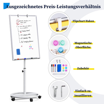 maxtek Flipchart stand, 90x60cm flipcharts whiteboard, aluminum frame hooks move flipchart paper, magnetic writable height adjustable, eraser, markers and magnets.