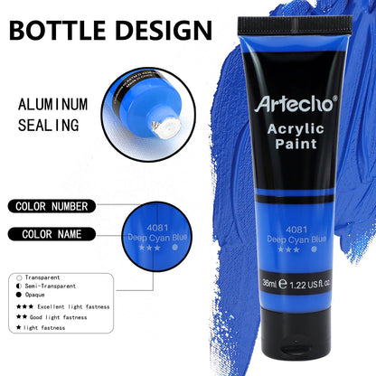 Artecho Acrylic Paint Set 48 x 36 ml, Waterproof and Lightfast, Quick Drying, Ideal for Canvas, Paper, and Fabric, Great for Christmas and other holidays.