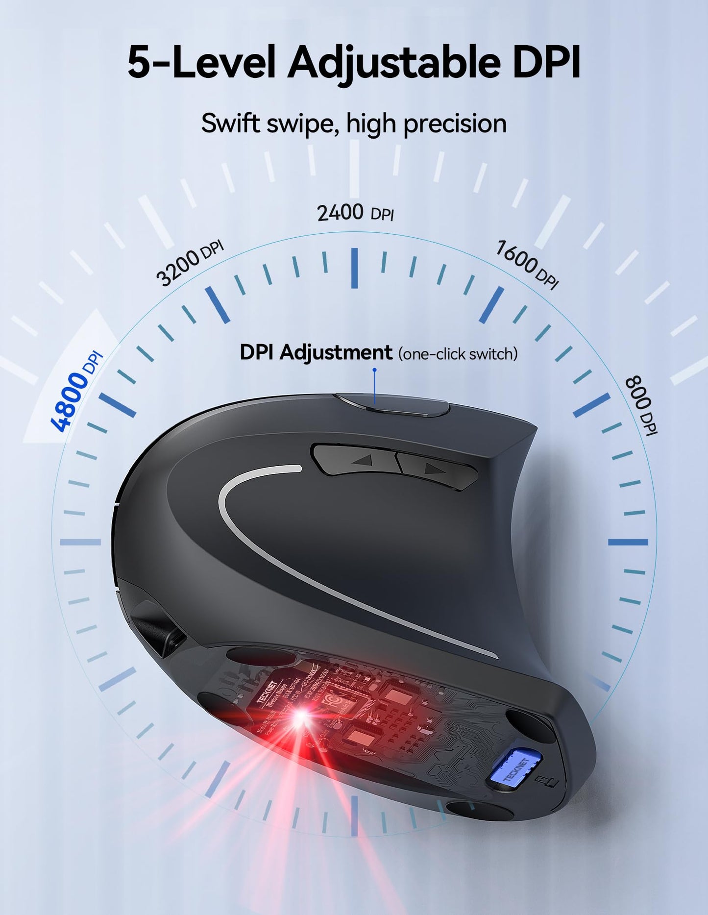 TECKNET Rechargeable Ergonomic Wireless Mouse, 2.4G Optical Vertical Mouse, 5 Adjustable Levels up to 4800DPI, Quiet Wireless Vertical Mouse with 6 Buttons for Laptop, PC, Windows, Mac OS