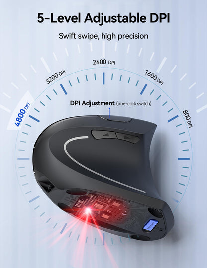 TECKNET Rechargeable Ergonomic Wireless Mouse, 2.4G Optical Vertical Mouse, 5 Adjustable Levels up to 4800DPI, Quiet Wireless Vertical Mouse with 6 Buttons for Laptop, PC, Windows, Mac OS