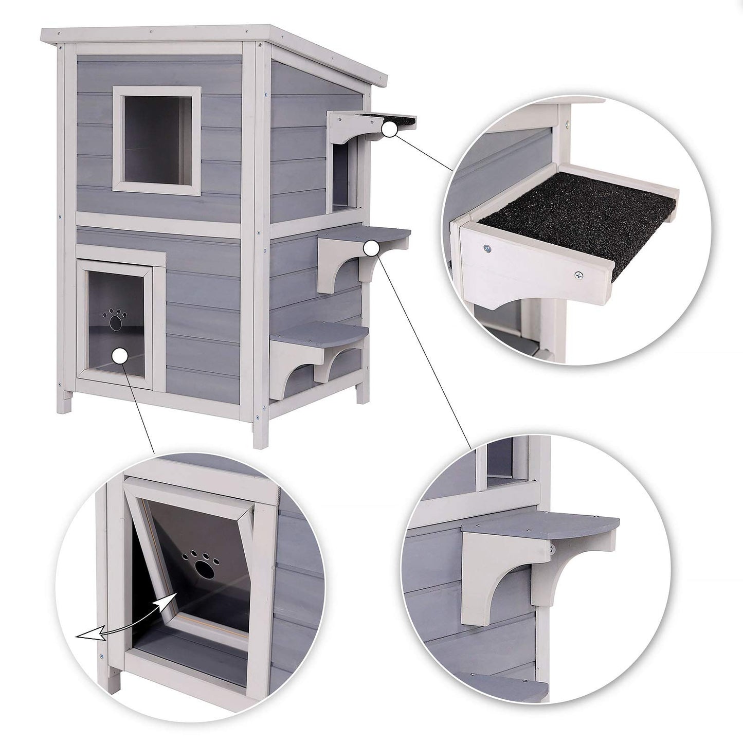 lionto outdoor cat house for playing and resting, wooden house for cats with weatherproof bitumen roof, 56x52x82 cm, window and 3 entrances, sturdy cat hut with assembly instructions, grey/white