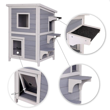 lionto outdoor cat house for playing and resting, wooden house for cats with weatherproof bitumen roof, 56x52x82 cm, window and 3 entrances, sturdy cat hut with assembly instructions, grey/white