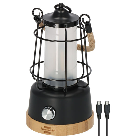 Brennenstuhl LED Battery Camping Lantern CAL 1 AC (350lm, IP44, up to 75h battery life, dimmable, adjustable color temperature, rechargeable USB C outdoor lamp with hemp rope and bamboo base)