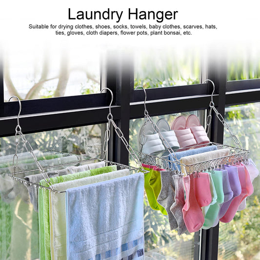 Lyrlody clothes hanger, stainless steel clothes hanger, collapsible sock holder, underwear hanger, hanger for drying towels, bras, lingerie (balcony drying sock holder with 100 clips)