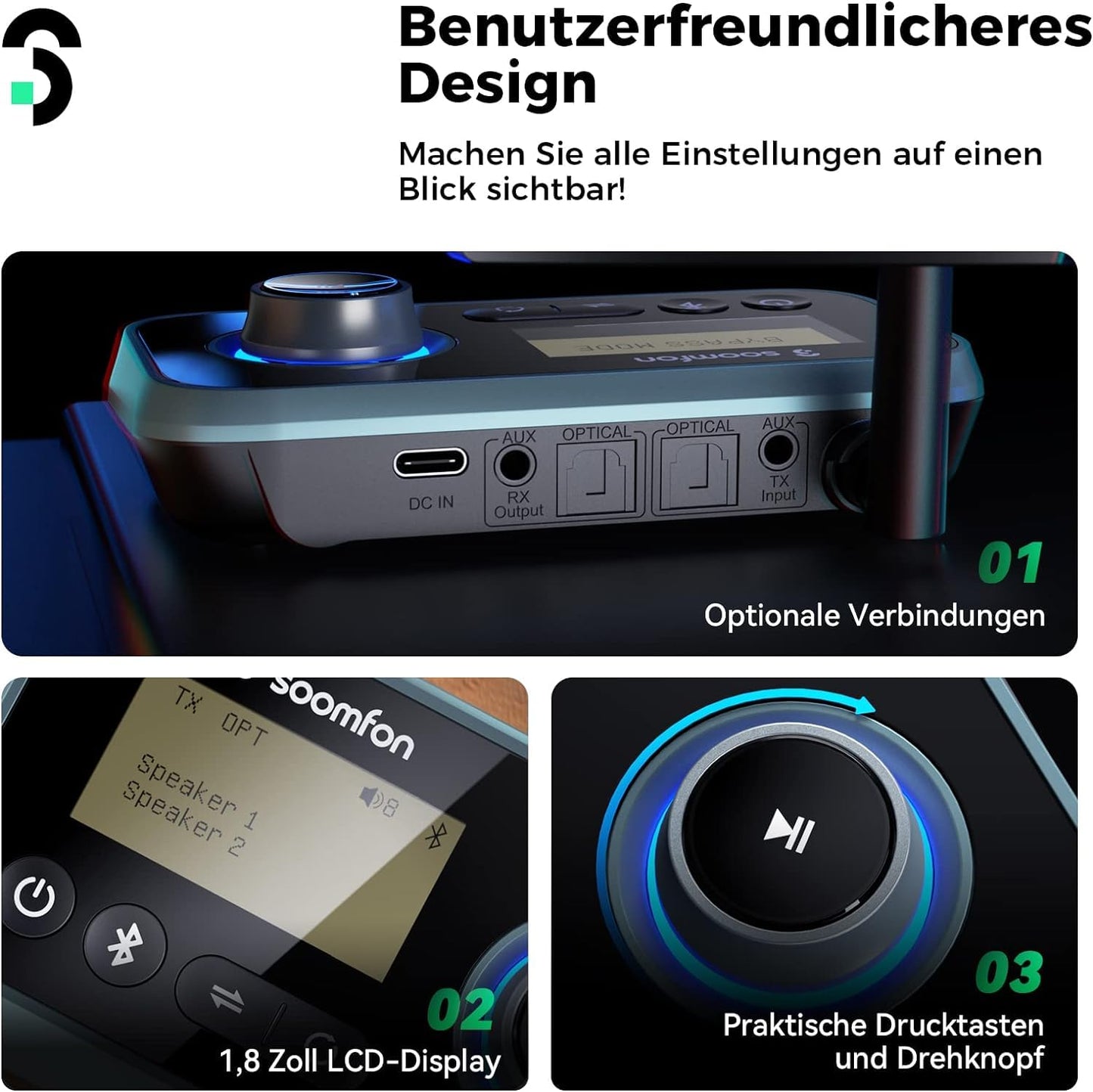 3-in-1 Bluetooth 5.0 transmitter receiver for 2 headphones, SOOMFON Bluetooth adapter for TV PC stereo system, low latency BT transmitter receiver with volume control, aux/RCA/optical.
