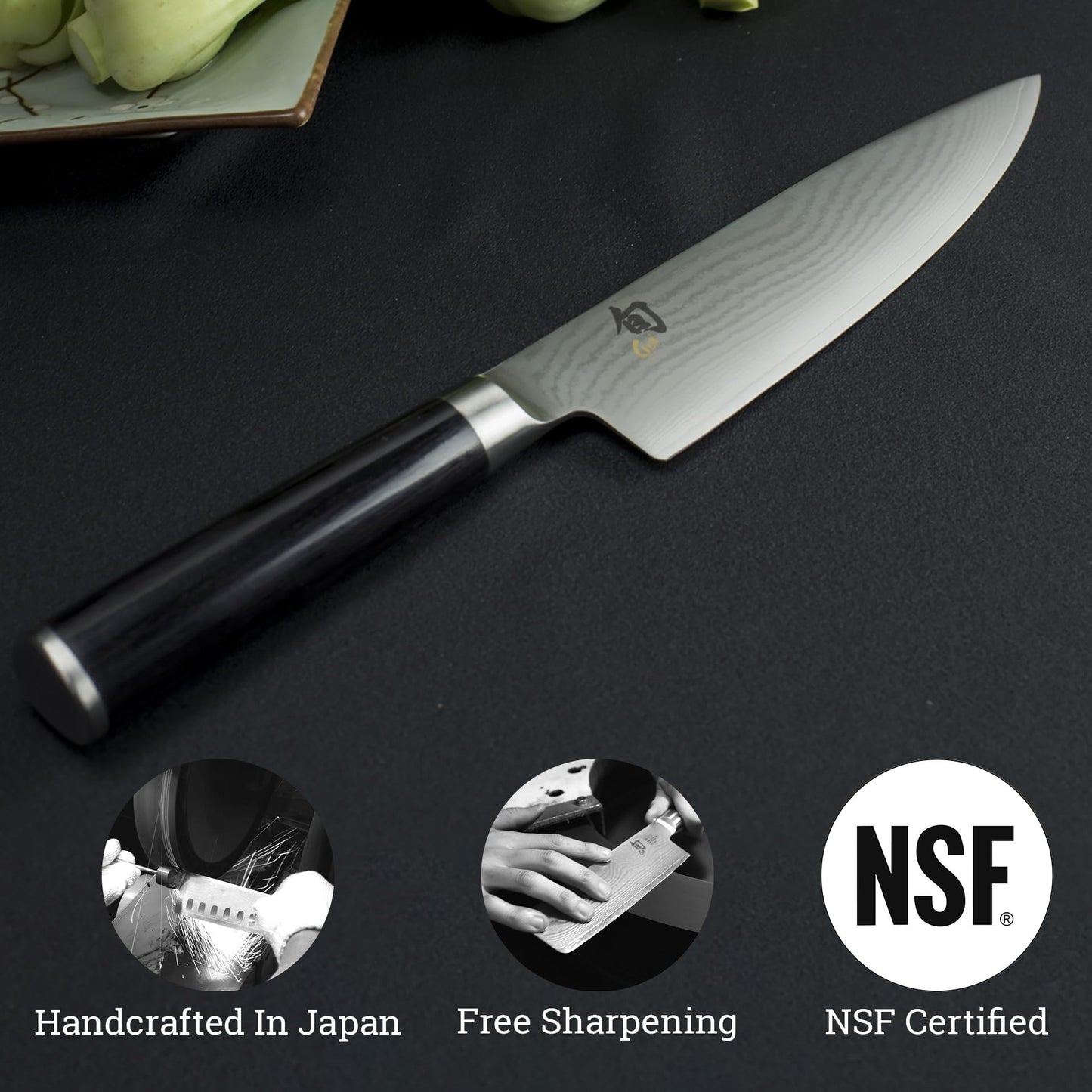 KAI Shun Classic 8-inch Japanese chef's knife - Damascus blade with 32 layers, VG-MAX core, 61 (±1) HRC - Pakka wood handle - Made in Japan - Forge-finished kitchen knife, chef knife, utility knife.