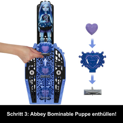 Monster High Skulltimate Secrets doll and accessory set, Monster Mysteries Abbey Bominable with wardrobe and over 19 surprises including outfits, HXH87.