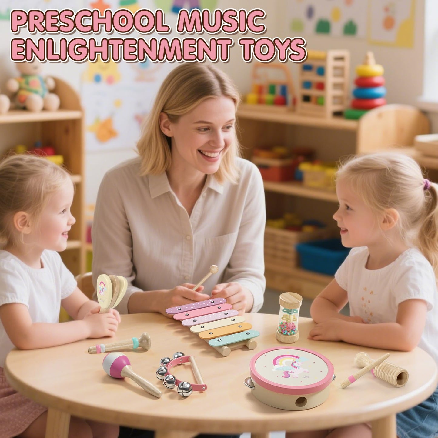 Lehoo Castle music instruments for kids, Montessori wooden toys for ages 2-3, instrument set with xylophone drum for preschool, music learning toy gift for baby girl boy.