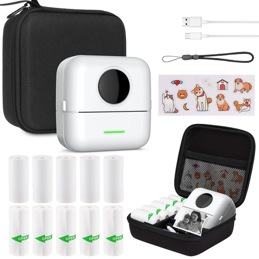 Mini printer with bag, mini label printer bag Portable mini photo printer 10 rolls of printer paper Bluetooth photo printer thermal printer for learning aids learning notes journal memo (White with Bag)