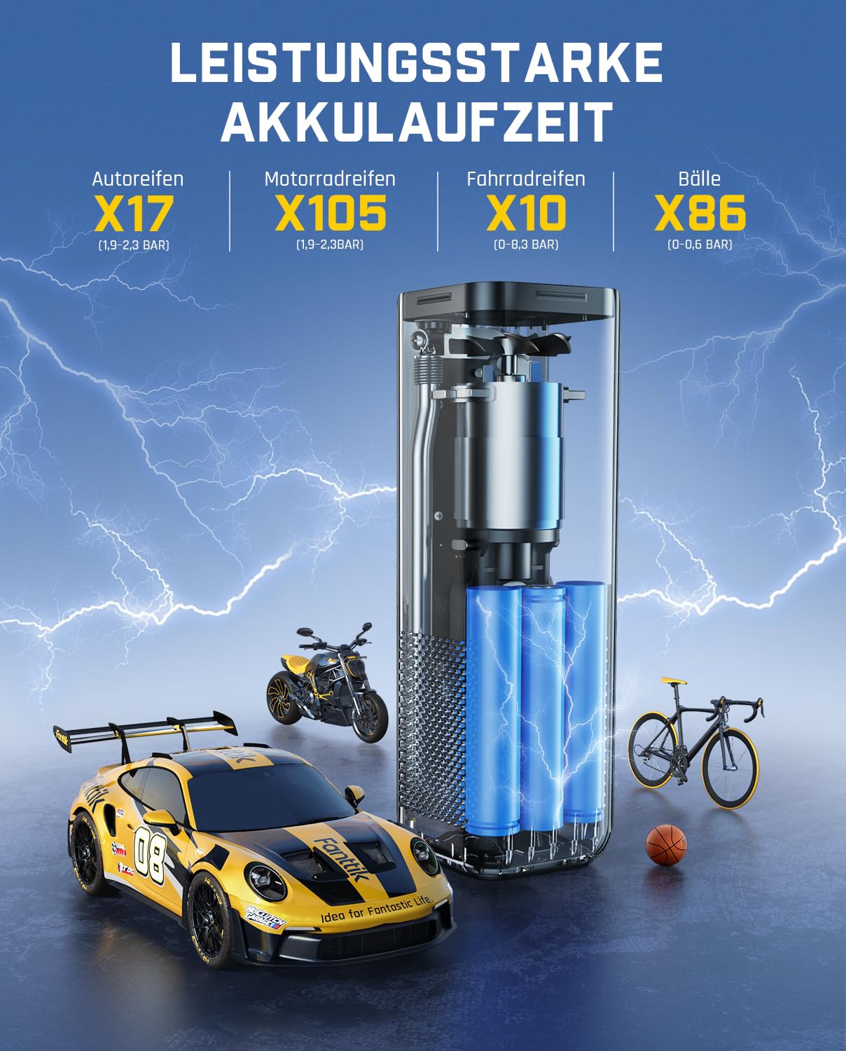 Fanttik X8 APEX Portable Electronic Air Pump 11.1V, 10.3BAR / 150PSI Electric Compressor 2X Faster, Dual Screen with LED, for Car, E-Bike, Motorcycle, Ball, 26.3 cm Tire