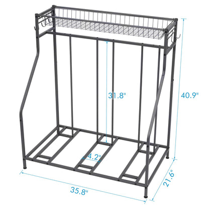 Bike rack, bicycle parking stand with 3 bike slots, extra wide basket, 6 hooks, adjustable bike slot for garage storage mountain bike, kids' bikes, bike stand